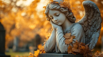 Closeup of a sad angel statue draped in vines at a peaceful cemetery surrounded by fallen leaves and soft lighting creating a poignant scene with plenty of copy space for text