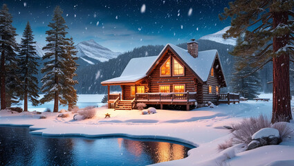 Winter Wonderland Cabin A Cozy Retreat Amidst Snow-Covered Pines and a Glimmering Lake, with Warm Light and Gentle Snowflakes Falling from the Night Sky