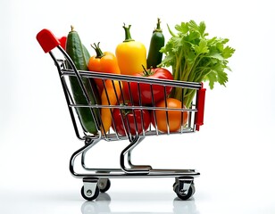 A shopping cart full with vegetables isolated on white background