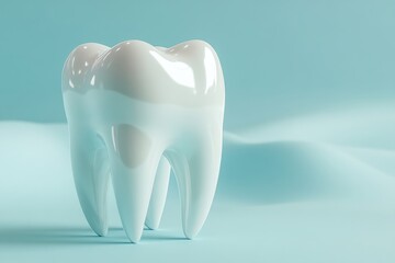 3d rendered tooth stands out against a light blue backdrop, showcasing its smooth surface and anatomical details, symbolizing dental health and hygiene in a clean presentation