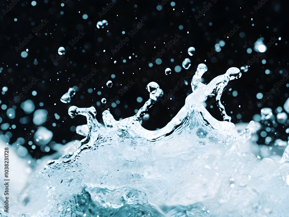 Poster dynamic water splash with ripples and bubbles