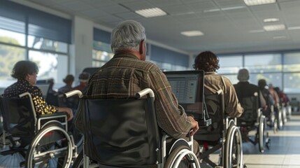 A group of individuals in wheelchairs is seated in a well-lit room, focused on computer screens, suggesting a communal learning environment.