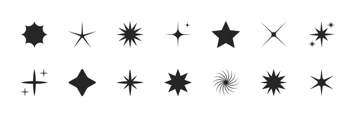 Various Cool Star Forms Isolated on White Background Vector Graphic Design Elements Bundle. Different Abstract Twinkle Sparkle Shine Effect Clip Art Collection. Geometric Graphical Magic Shine Symbols