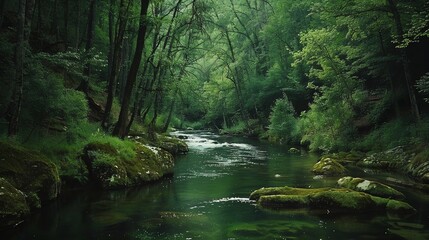 Obraz premium A stream flows through a lush, green forest.