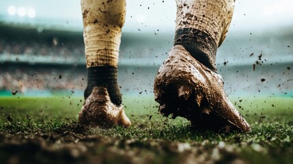 A soccer player's boots with mud splatters, stadium field with spectators in the stands, Dramatic style