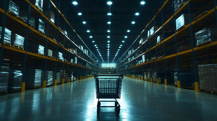 Sleek and Expansive Warehouse Setting Highlighting a Single Shopping Cart in a Pristine Environment