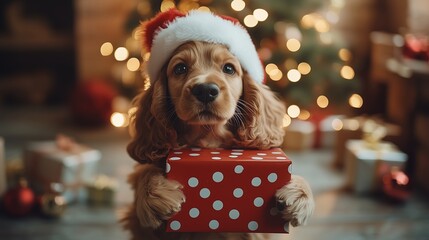 A cute puppy wearing a Santa hat holds a red and white polka-dotted Christmas present in its paws.