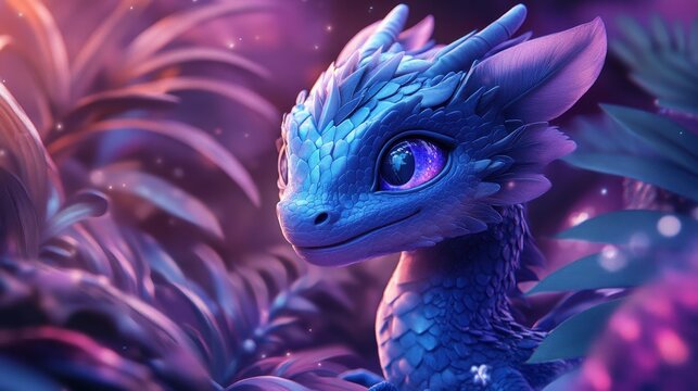 Image of cute blue dragon over purple background with plant, created using generative ai technology