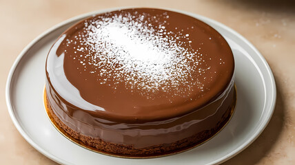 Decadent chocolate cake with shiny glaze and powdered sugar topping, beautifully presented on a white plate. Perfect for dessert lovers!