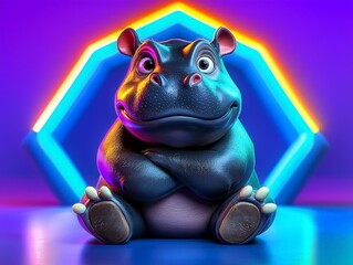 A snarky baby pygmy hippo sitting with crossed arms
