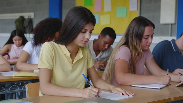 Diverse young teenage students sitting in a row studying at high school. Education lifestyle and back to school concept.