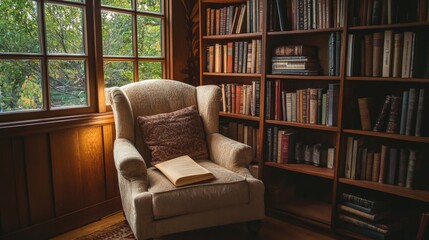 A cozy reading corner with a collection of books, Bookshelves and a comfy chair perfectly placed, Vintage literary style