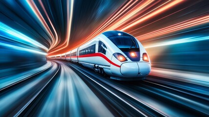 Fototapeta premium Futuristic high-speed train zooming through a colorful tunnel of light symbolizing advanced transportation technology