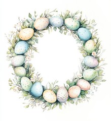 Colorful Easter egg wreath adorned with greenery for spring celebrations and decorations