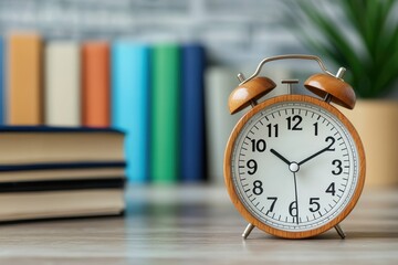 Classic Wooden Alarm Clock on a Desk Surrounded by Colorful Books in a Cozy Study Environment
