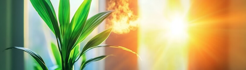 Obraz premium Green plant near window with sunlight filtering through, creating a warm atmosphere.