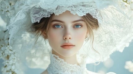 Portrait of a young elegant woman in a white costume and with an extravagant hat, fashion outfit on studio background. Generative AI.