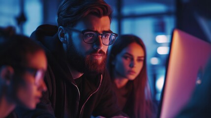 Obraz premium A young man hacker conversing with both male and female coworkers while using a computer in a startup