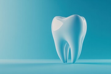 3d rendered tooth stands out against a light blue backdrop, showcasing its smooth surface and anatomical details, symbolizing dental health and hygiene in a clean presentation