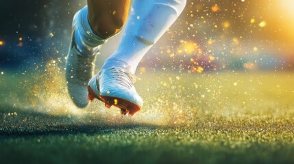A soccer player's cleats kicking a ball, outdoor setting with grass field, Vibrant style