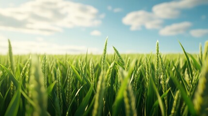 Fototapeta premium Green wheat field under a blue sky with fluffy clouds.