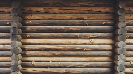 Naklejka premium Textured wooden log wall showcasing natural patterns and rustic charm, ideal for cabin or nature-inspired design themes.