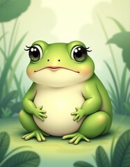 Obraz premium Whimsical Chubby Cartoon Frog: A Pastel Dream in a Lush Fantasy World 