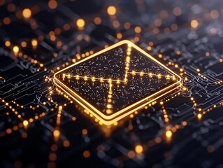 A glowing, geometric shape on a circuit board with intricate patterns and vibrant connections, symbolizing technology and digital innovation.