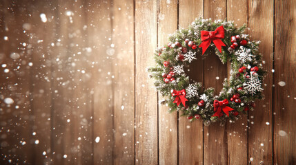 Fototapeta premium A wreath with red bows and snowflakes on a wooden background. The wreath is a symbol of the holiday season and the snowflakes represent the winter weather