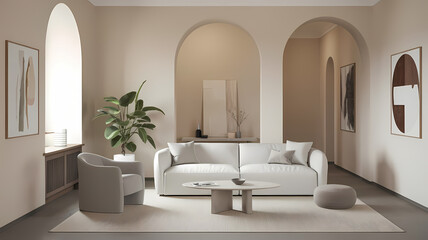 Stylish modern living room featuring a light sofa, elegant artwork, and greenery, creating a serene and inviting atmosphere.