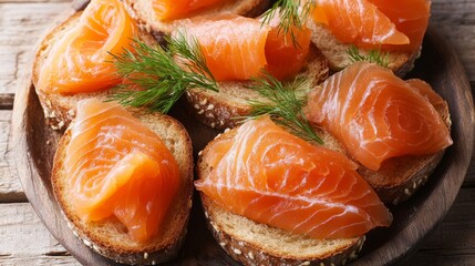 Smoked Salmon Sandwiches on Wooden Table