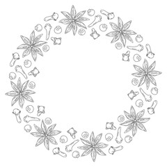 Outline Star Anise, Clove and Allspices Round Frame border with Copyspace. Lettering template idea