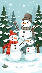 Obraz premium Cheerful snowmen family in winter landscape with snow-covered trees, cartoon illustration