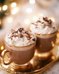 Cup of Hot chocolate with whipped cream and chocolate shavings in festive setting, bokeh