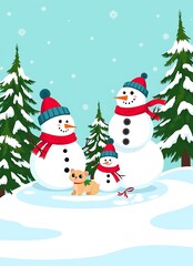 Obraz premium Simple black and white cartoon snowman holding broom in snowy landscape 