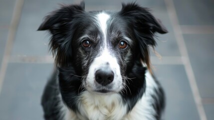 Fototapeta premium A black and white border collie gazes confidently at the camera, showcasing its striking features in a modern indoor setting