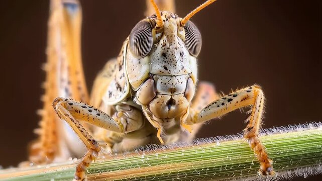 Macro photography capturing the intricate details of a grasshopper resting on a green stem, showcasing its fascinating anatomy