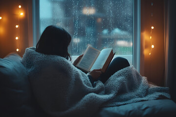 A cozy scene of a person wrapped in a blanket, reading a book by the window with rain falling outside 