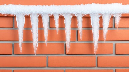 Icicles hanging from a wall, winter season, orange brick background.