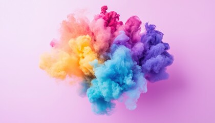A vibrant explosion of colorful smoke against a soft pink background, creating an artistic and dynamic visual effect.