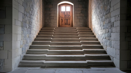 Spacious stone staircase leading to a wooden door, illuminated by natural light, creating a welcoming and historic atmosphere inside a building.