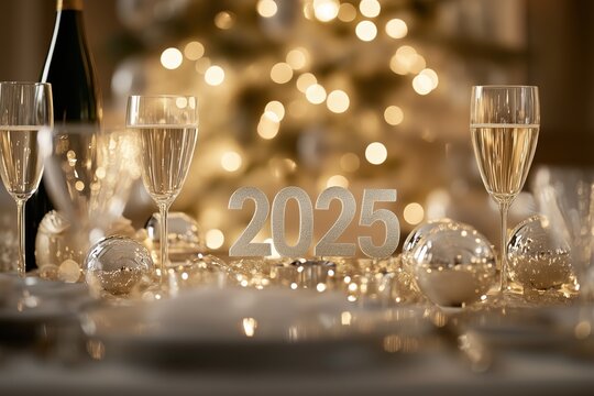 Festliche Tischdekoration f&uuml;r Silvester mit Schriftzug 2025