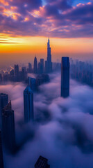 The city is filled with tall buildings and a beautiful sunset in the background.