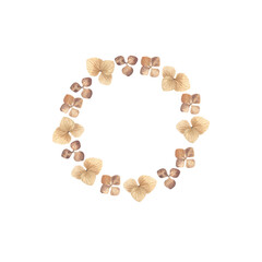 Watercolor wreath of autumn dried hydrangea flowers.