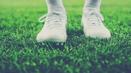A soccer player's cleats on grass, outdoor setting on a green field, Action style