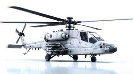 A white military helicopter with a black tail rotor, black blades, and missiles attached to the side, sitting on a white surface, isolated on a white background.