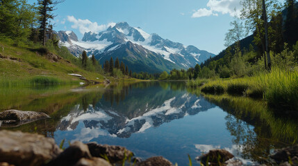 A snow-capped mountain range reflected in a still alpine lake