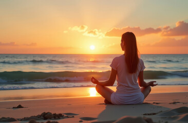 Fototapeta premium Woman Meditating on the Ocean Shore at Sunset - Calmness, Solitude