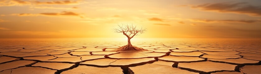 Isolated dry landscape with a single tree under a dramatic sunset.