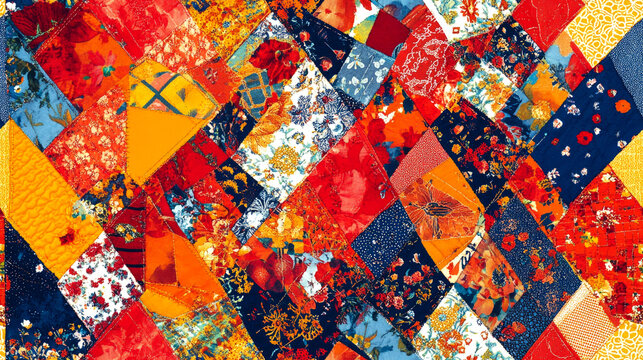 Abstract patchwork background with colorful floral and geometric patterns in a diamond shape.